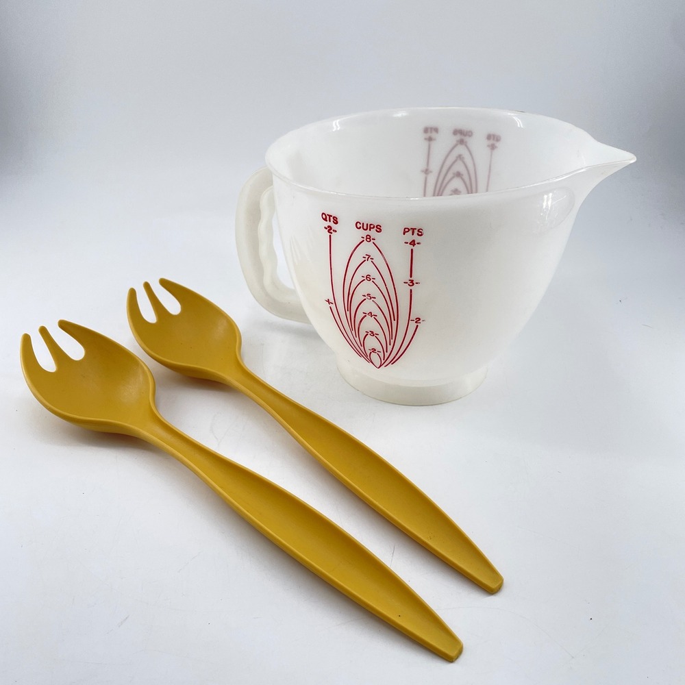 Vintage Tupperware Mix-N-Stor 8 Cup Pitcher & 2 Harvest Gold Salad Servers Set